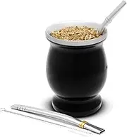 BALIBETOV Mate Cup and Bombilla Set - Includes Yerba Mate Cup, Two Bombilla Straws and Brush - Stainless Steel Double-Wall Easy to Clean Gourd (Black)