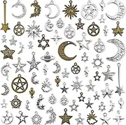 JIALEEY Celestial Mixed Sun Moon Star Charms, Wholesale Bulk Lots Antique Alloy Charms Pendants DIY for Necklace Bracelet Jewelry Making and Crafting, 100g(74PCS), Alloy Steel, alloy steel