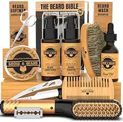 Beard Straightener Grooming Kit for Men, Beard Growth Kit, Wash, Brush & Comb, Unscented Growth Oil, All Natural Chanel Balm, Conditioner, Razor & Scissors, Great Gift Idea for Men's (Bamboo)