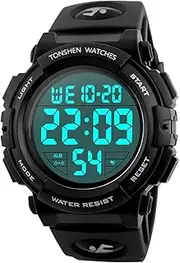 [TONSHEN] Men's Large Numbers LED Digital Watch Waterproof 50M Water Resistant Military 12H/24H Time Outdoor Sport Watch Electronic Alarm Date Plastic Case with Rubber Strap Stopwatch Date - Black