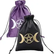 CREATCABIN 2Pcs Tarot Cards Bags Velvet Drawstrings Bags Dice Tarot Cards Holder Pouches Black Purple Moon Star Tarot Jewelry Storage Bag Wrap for Enthusiasts Crystals Dices Witchcraft 5x7Inch