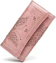 [ANFUMAN] Womens Wallets RFID Blocking Leather Clutch Long Wallet for Women Card Holder Phone Organizer Ladies Travel Purses, Pink, Small