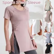 Women Workout Shirts Short Sleeve Yoga Fitness Side Drawstring Split Sports Top