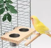 Stainless Steel Bird Feeding Bowl for Cage, Bird Wooden Perch Stand Parrot Food Feeder Cage Accessory with Stand for Pet Birds Like Parrot Parakeet Budgie Lovebirds Cockatiel