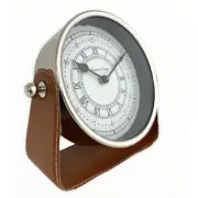 Leather Swivel Desk Clock Study Round Hamptons Coastal Home Accessory Decor 18cm