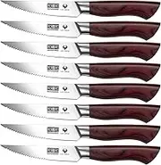 HOSHANHO Meat Knives Set 8 Pieces, Table Serrated Knives 11.2 cm, Professional Steak Knives High Carbon Stainless Steel Steak Knife with Ergonomic Wooden Handle