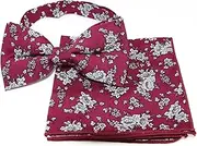 [Zasel] Mens Maroon With White Flowers Cotton Bow Tie & Pocket Square Set Maroon, White