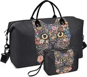 [ZRYSMY] Colorful Florals Cat Duffel Bag for Traveling, Travel Bag Gym Bag, with Multiple Interior Pockets Shoulder Weekender Bag for Women Men with Toiletry Bag 20.5L x 1.9W x 13.8H, Multi-Colored, one