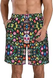 [OAROK] Sugar Horror Skull and Flowers Men's Casual Beach Shorts Quick Drying Shorts Men's Stretch Swim Trunks Daily Wear Style, White, X-Large