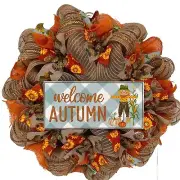 Hello Autumn Blue Check Scarecrow Halloween or Harvest Wreath Handmade Deco Mesh