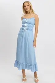 Blue Midi Dress Contrast Tie - Size 6, Women's Midi Dress