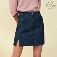 在飛比找momo購物網優惠-【OUWEY 歐薇】編織紋水洗側開衩牛仔短褲裙(藍色；S-L