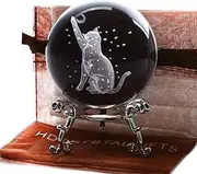 ZEERSHEE 60mm 3D Cat Crystal Ball Figurine Glass Laser Engraved Cat Moon Star Crystal Ball with Stand Glass Sphere Paperweights Cat Gifts for Cat Lovers Women