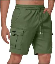 [Generic] Men's Cargo Shorts Casual Elastic Waist Multi Pocket Combat Work Shorts Fashion Linen Chino Shorts Army Green S, Army Green, Small