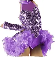[Generic] Hem Dance Dress for Girl Women Sequins Ballroom Stage Costume Competition Performance Dynamic Dance Apparel Wear(Purple,XLA)