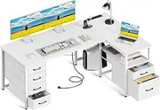 ODK L Shaped Computer Desk with 5 Fabric Drawers &1 Large File Drawer, Recessed Power Outlet, Home office desk with Reversible Storage,Corner desk for Home Office Bedroom Study,140*80*75.2cm, White