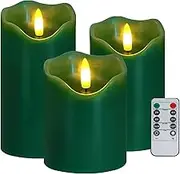 Flameless Candles Lights, Set of 3 Orange Flickering LED Candles with Remote & Timer, Dimmable LED Pillar Candles Battery Operated, Electric Candles for Fall Halloween Thanksgiving Decor (Green)
