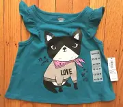 NWT Girl's Old Navy Blue Flutter Sleeve Shirt w/Cute Dog, Love-Size 12-18 Months