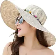 [MYSNKU] Womens Straw Hat Large Floppy Foldable Beach Cap Sun Hat with Glasses Summer UV Protection UPF 50+