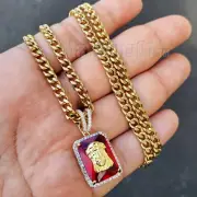 HIP HOP ICED GOLD PLATED BRASS RED GEMSTONE JESUS CHARM & CUBAN CHAIN NECKLACE