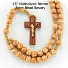 Light Brown Marbelized Wood Bead Rosary, Hand-Threaded, Sturdy 15"