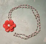 Boho Flower Red Upcycled Pearl Necklace Whimsical Whimsy Whimsygoth Whimsigoth
