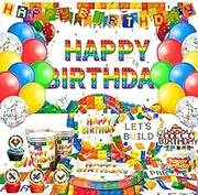 Building Blocks Birthday Party Supplies,114pcs Building Block Party Decorations&Building Blocks Tableware Set - Building Blocks Party Plates Napkins Backdrop etc Building Block Party Supplies