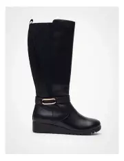 [Taking Shape] Leather Wedge Knee High Boot Black