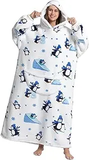 [Stampdecal] Animal Wearable Blanket Hoodie,Big Oversized sherpa Comfy for Adults Women, White, Extra Long Adult