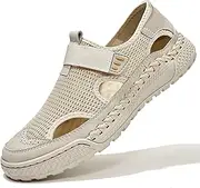 [URLECHS] Men's Breathable Mesh Closed Toe Hollow Sport Sandals Adjustable Hook&Loop Summer Beach Fishermen Shoes Comfortable Round Toe Anti-Slip Outdoor Casual Shoes