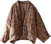 [NFYM] Women's Short Quilted Jacket Printed Open Front V-Neck Shawl Collar Drop Shoulder Vintage Outwear