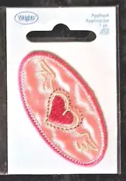 1pc Flying Winged Heart Iron-On Patch Applique Red on Pink ~2-1/4" Wrights NIP