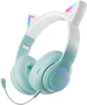 Cat Ear Wireless Bluetooth Headphone with Noise Canceling Microphone for Kids, LED Light Up Over Ear Headset with Stereo Sound Deep Bass Memory Foam Ear Pads for Online Class & Gaming, Green