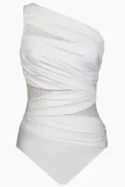 Miraclesuit Jena White Sz 12 One Piece Shaping Swimsuit One Shoulder Mesh NWT