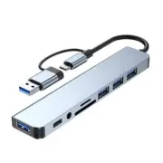 Aluminum 8 In 1 USB C Adapter Hub with 4 USB Port Splitter Adapter Card Reader