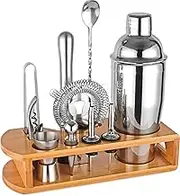 Cocktail Shaker Set Bartender Kit : 12-Piece Bar Tool Set with Bamboo Stand | Bars Set with All Practical Bar Accessories, for Drink Mixing, Bar, Home, Lounge & Party (Silver)