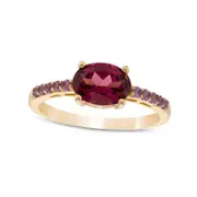 Sideways Oval Rhodolite and Amethyst Ring in Solid 10K Yellow Gold