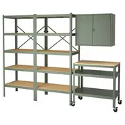 BROR storage w shelves/cabinet/trolley, grey-green/pine plywood