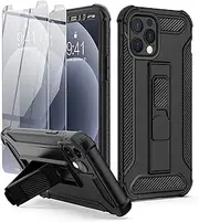 ORETECH Compatible with iPhone 12 Pro Max Case with [2 x Tempered Glass Screen Protectors] [Built-in Kickstand] Military Grade Shockproof 360 Full Body Protective Silicone Bumper Cover - Black