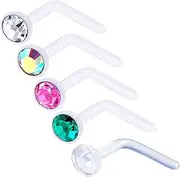[bodyjewellery] 5Pcs 20g 0.8mm Nose Rings L Shaped Bioflex Clear Flexible Nostril Piercing Jewelry 2.5mm Crystal