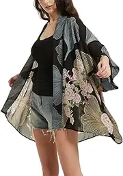 [Max Hsuan] Women's Loose Print Sheer Chiffon Kimono Beach Swim Cover up Cardigan Capes Blouse Tops