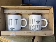 Rae Dunn Set of 2 Coffee Mugs Cups with Lids LET IT BEE & LET'S BEE HONEST NIB