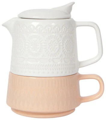 NOW DESIGNS DANICA TEAPOT AND CUP GALA TEA FOR ME SET 'JUBILLEE' PEACH/WHITE