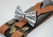 Black White Sheet Music Notes Bow tie + Tan Brown Elasitc Suspenders Braces