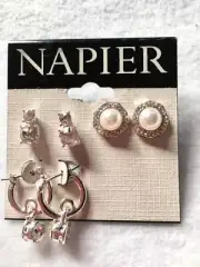 New NAPIER Three Rhinestone & Pearl Pierced Earrings #24-6