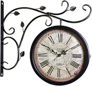 Outdoor Garden Cast Iron Clocks, Double Sided Two Faces Retro Station Clock Round Chandelier Wall Hanging Clock with Scroll Wall Side Mount Home Décor Wall Clock for Patio Pool Garden Home.,Grey