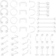 [Telooco] 44Pcs Clear Piercing Jewelry Clear Piercing Retainer Set Plastic Nose Rings Belly Button Ring Septum Eyebrow Lip Cartilage Piercing Clear Nose Studs for Work, Acrylic, no gemstone
