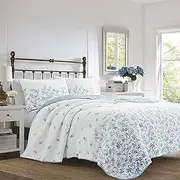 Laura Ashley Home - Queen Quilt Set, Reversible Cotton Bedding with Matching Shams, Pre-Washed Home Decor for Added Softness (Flora Blue, Queen)