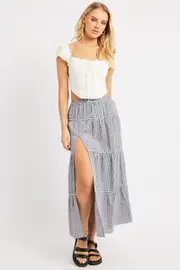 Black Check Tiered Maxi Slit Skirt - Size 16XL, Women's A Line Skirt