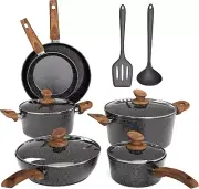 Pots and Pans Set Non Stick, 12 Piece Black Granite Kitchen Cookware Induction C